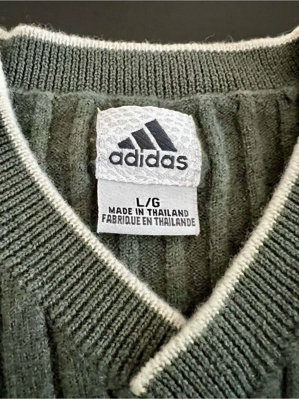 ADIDAS 2001 Vintage 100% Wool Ribbed V-Neck Sage/Gray Sweater